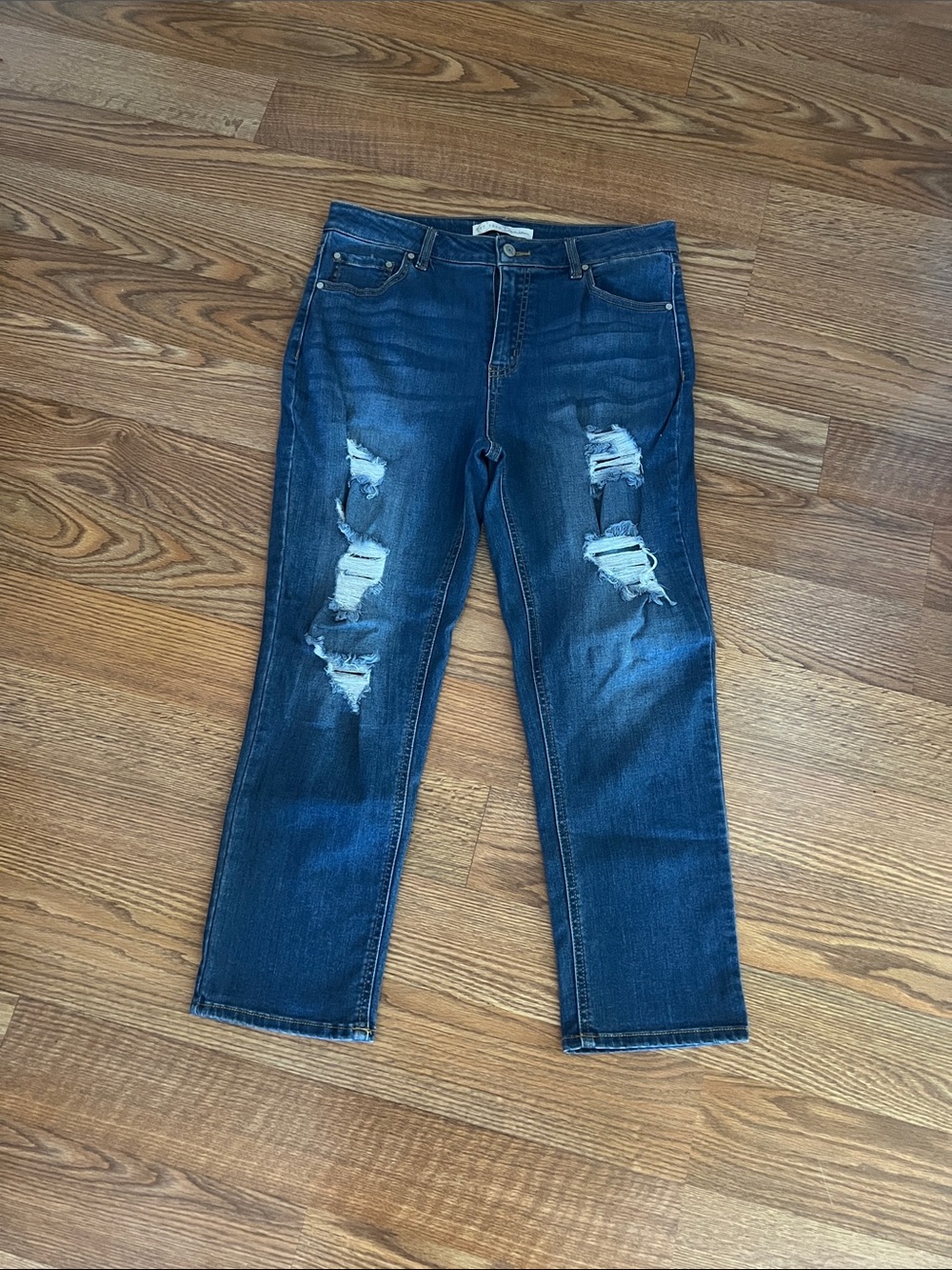 Cato Women's Distressed Dark Blue Boyfriend Jeans